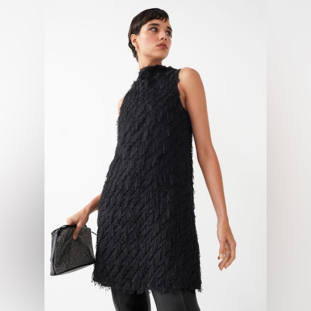 & Other Stories Black Feather Embellished A-Line Dress Size 6 EUC